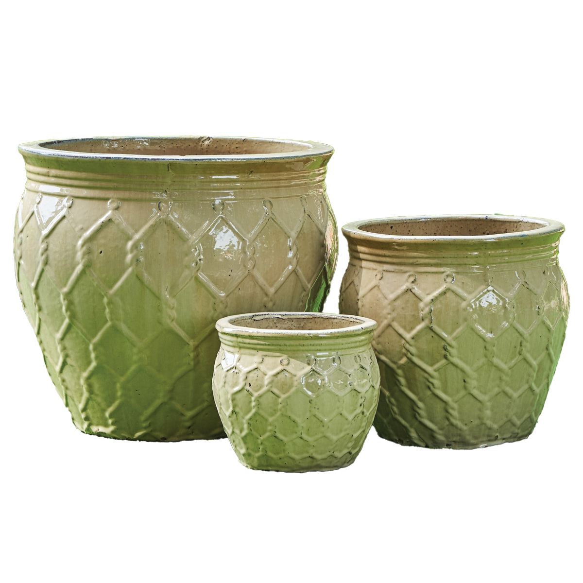 Glazed pottery planters, green.