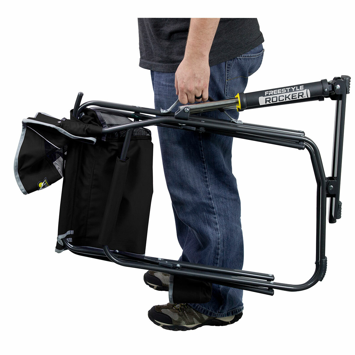 Gci freestyle rocker folded up and being carried.