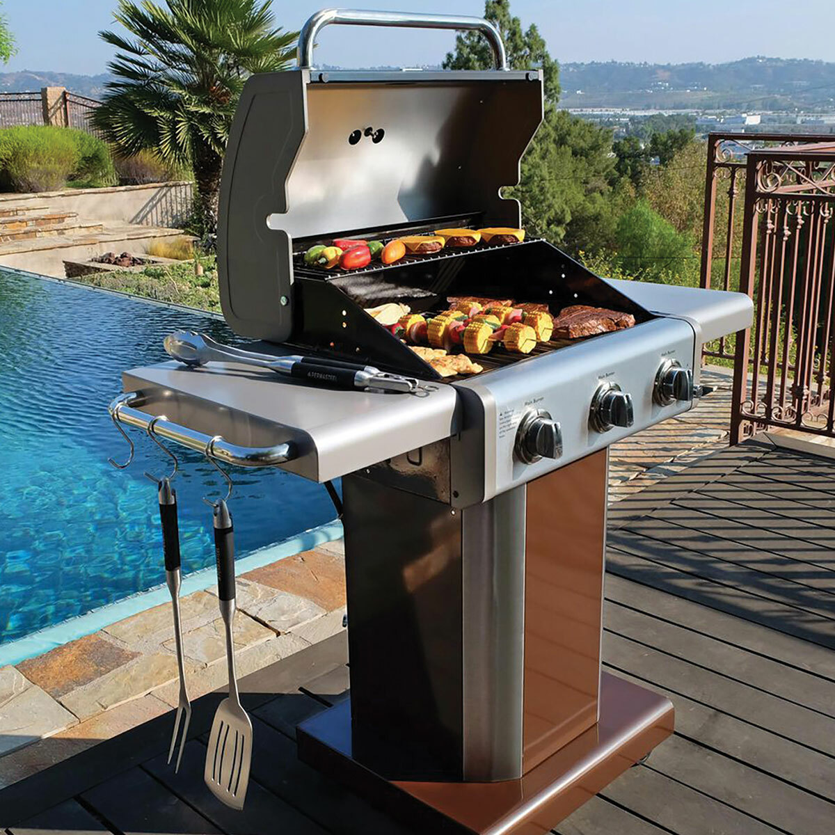 Kenmore pedestal Grill next to pool