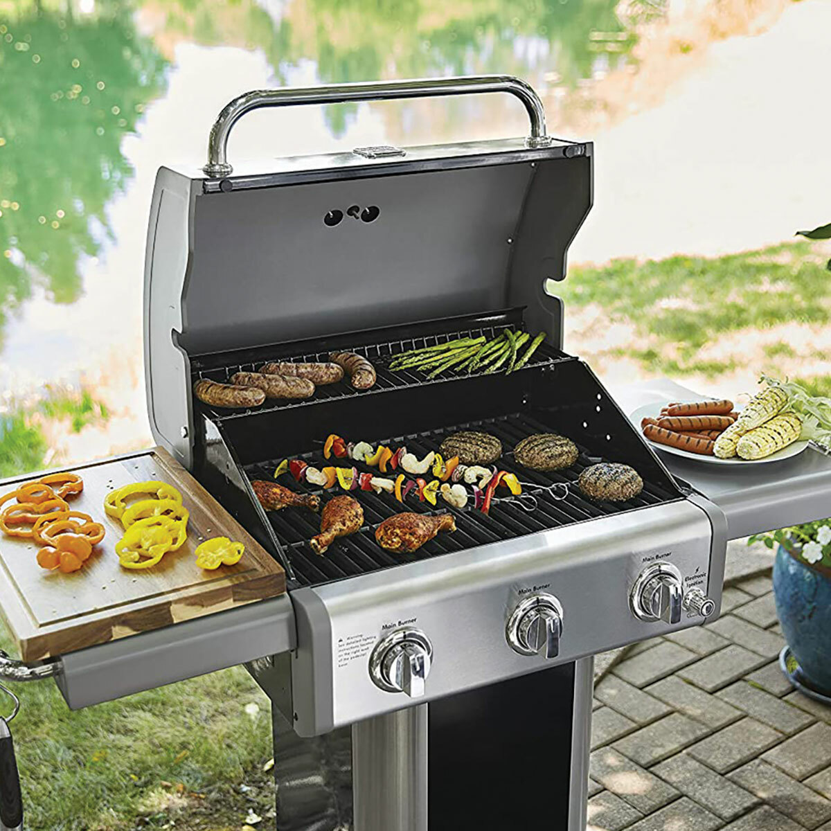 Kenmore pedestal Grill close up of food on grill