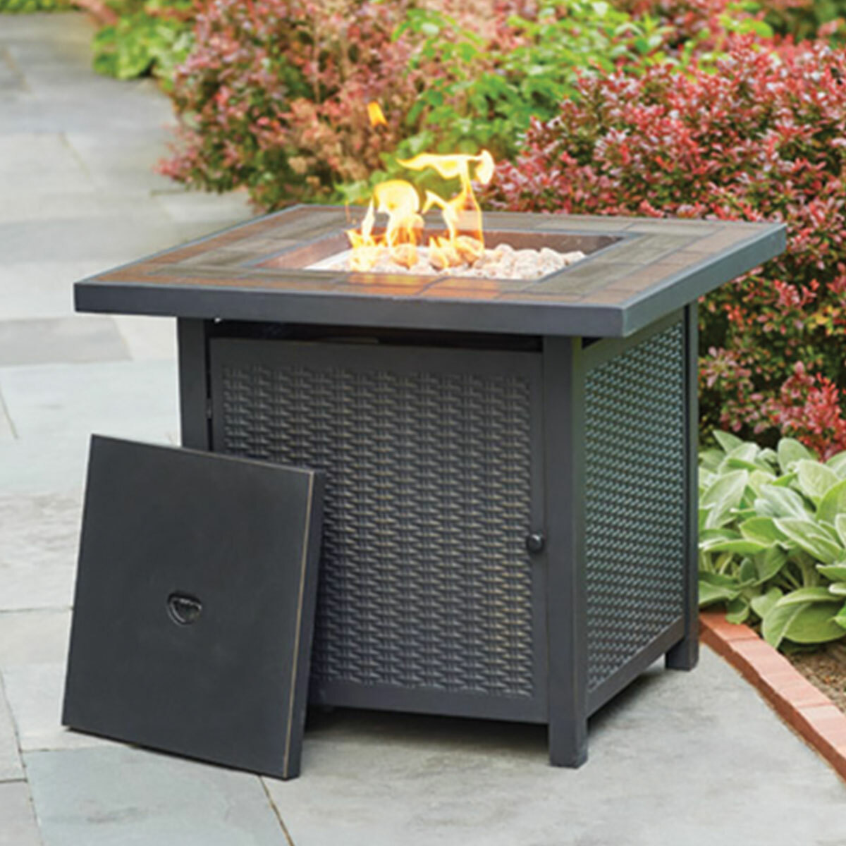 Living Accents 30" Square Fire Pit on patio
