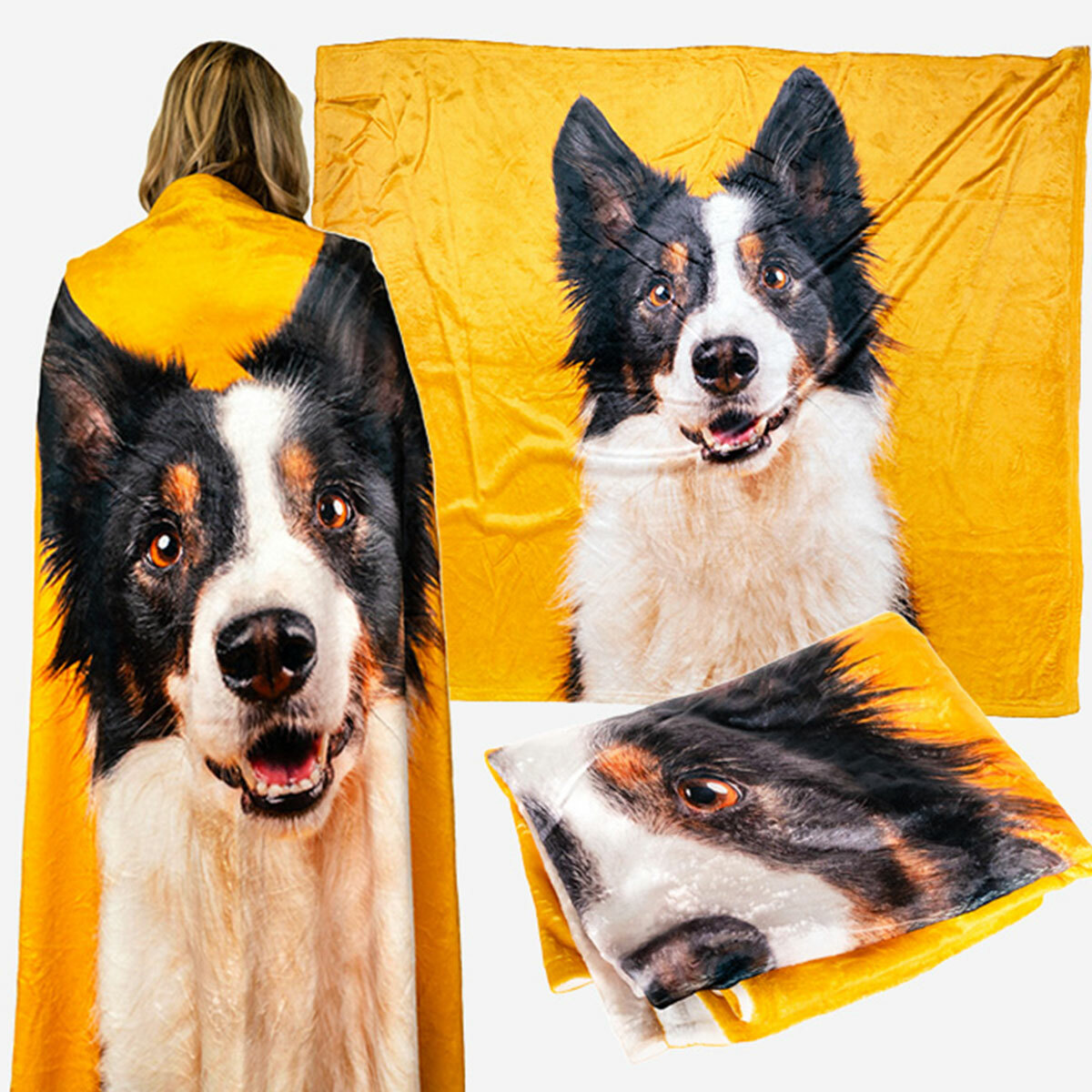 Yellow Photo Blanket with Dog on it.