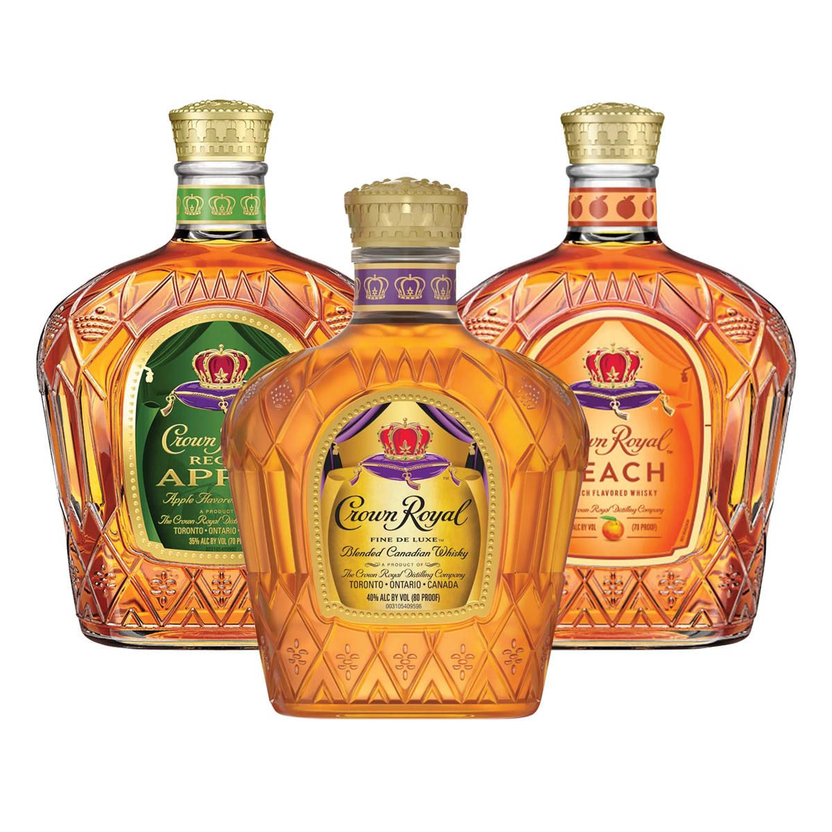3 different flavors of Crown Royal Bottles