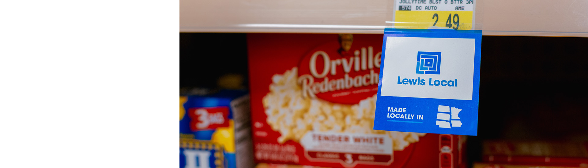 A Lewis Local tag hanging on a shelf.