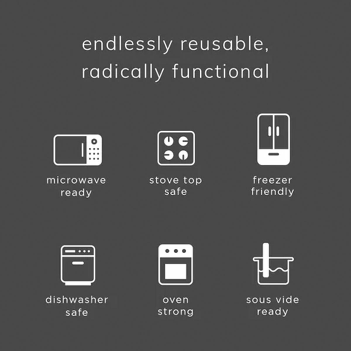 Stasher storage bags: microwave ready, stove top safe, freezer friendly, dishwasher safe, oven strong, sous vide ready.